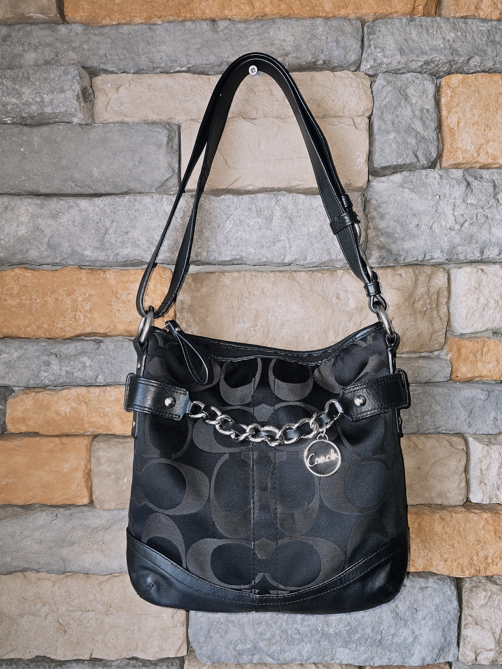 COACH F19730 Black Signature Jacquard Chain Shoulder Crossbody Bag Leather Trim*